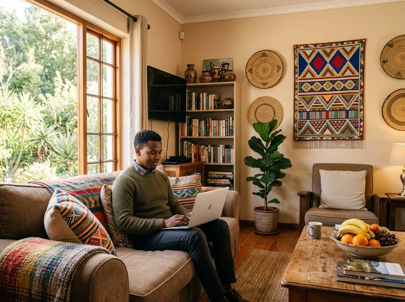 Communal lounge with local artwork